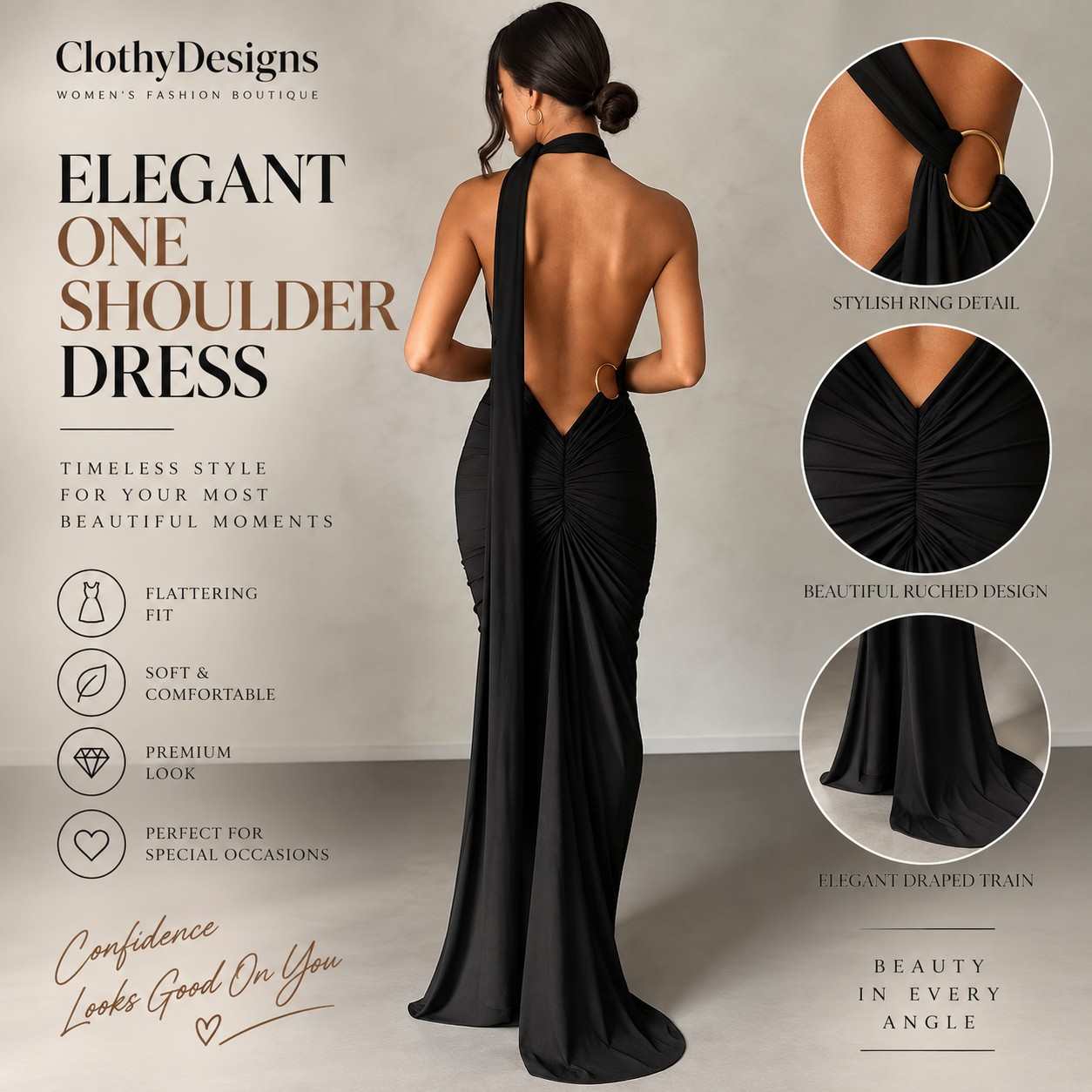 Women’s Backless Ruched Maxi Dress – Irregular Hem Sleeveless Elegant Party & Club Dress